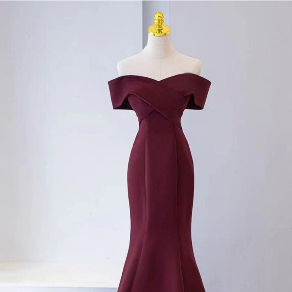 Regal Burgundy Off-Shoulder Mermaid Gown with Corset Back - Picture 8 of 13